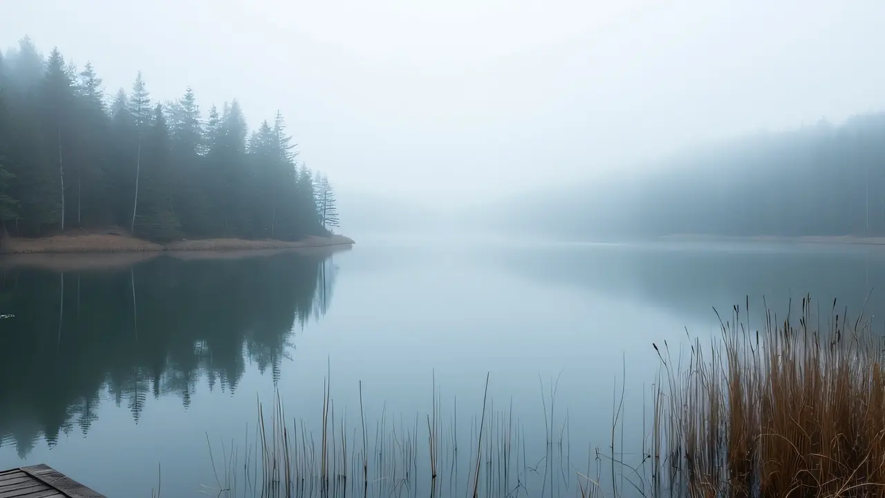 A serene lake encircled by a dense forest with mist hovering over the water.