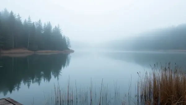 Calm Lake Surrounded By Lush Forest And Mist