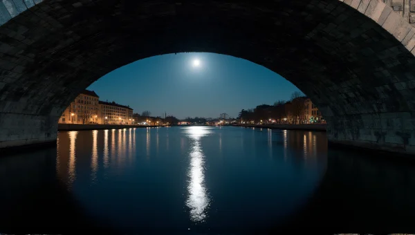 Calm Nighttime Water Scene Under Stone Bridge