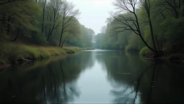 Calm River Reflections Through Dense Trees