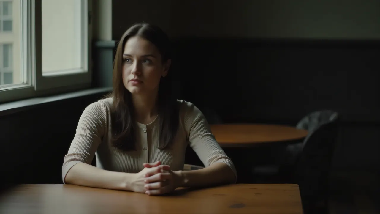 A woman sits calmly at a wooden table, hands folded in soft window light.