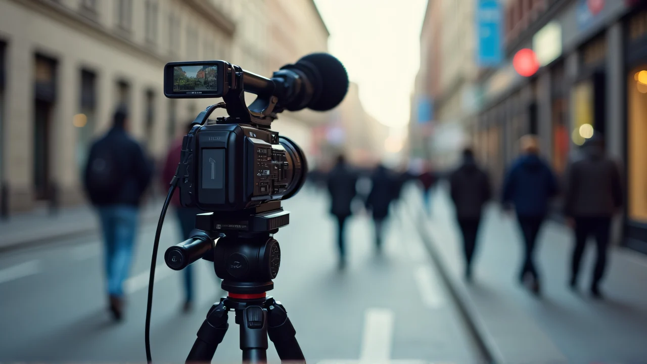 A camera operator captures pedestrians on a city street with a shoulder-mounted video camera.