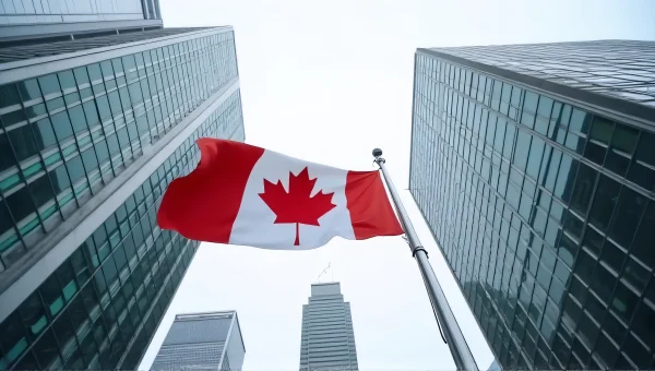 Canadian Flag With Skyscrapers Under Overcast Sky