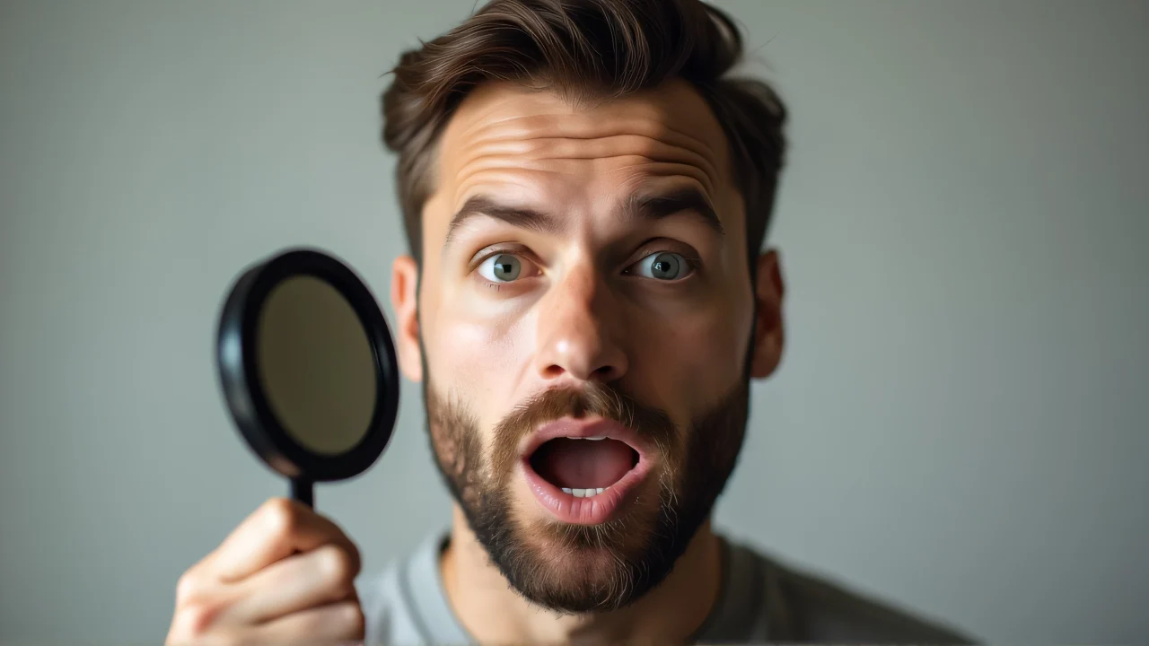 A man holds a mirror towards his face in a close-up shot, capturing a candid moment.