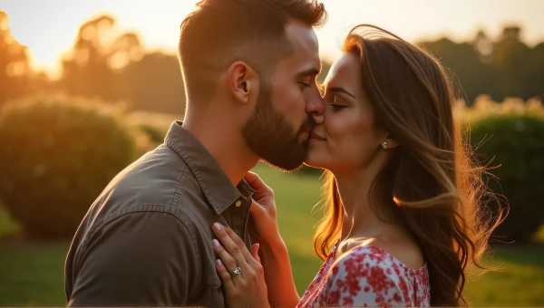 Candid Couple Kiss in Garden at Golden Hour