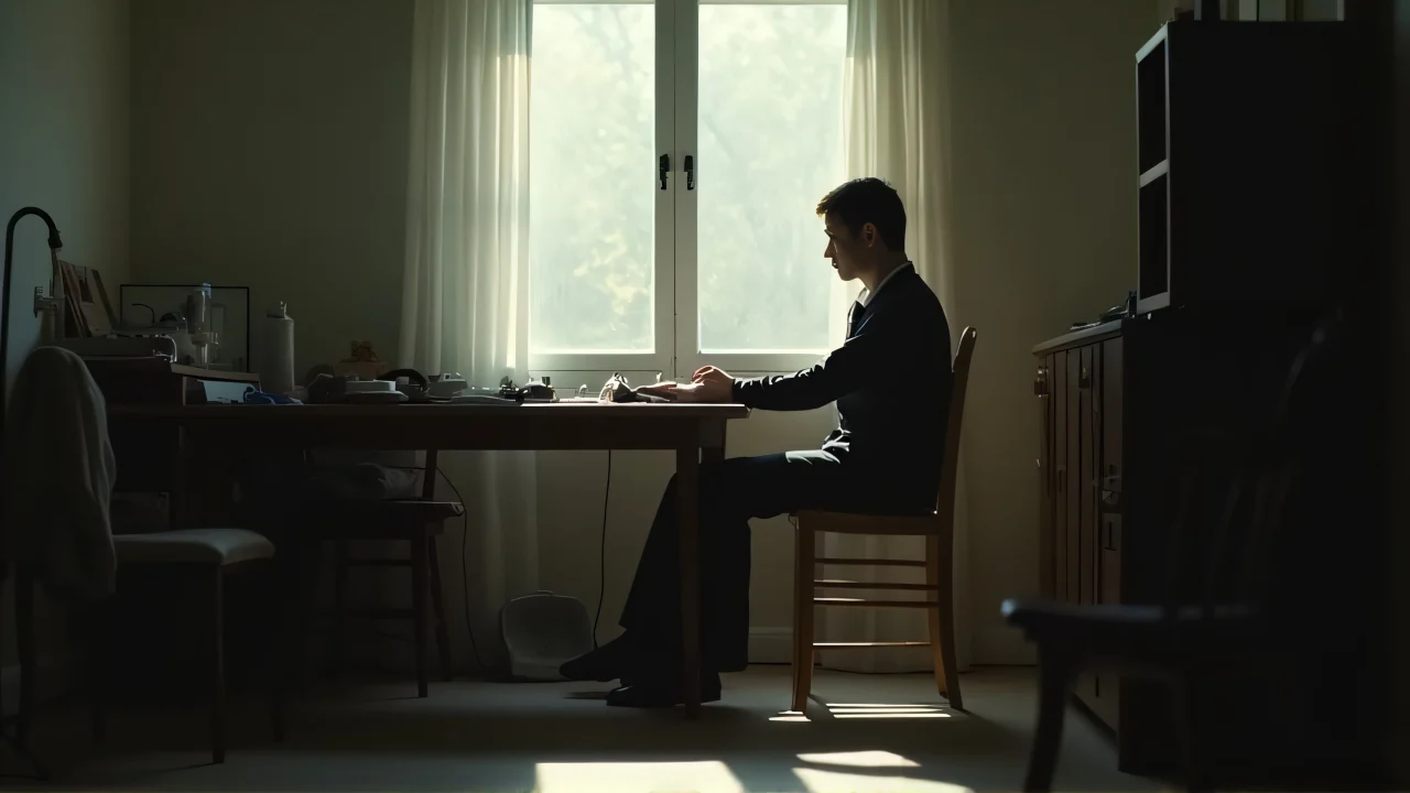 A person sitting indoors by a window with soft daylight creating shadows over a cluttered table.
