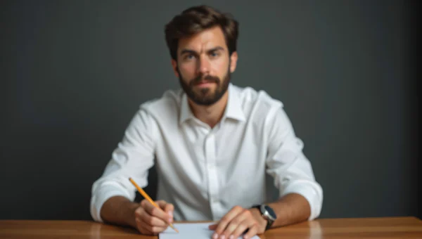 Candid Man Writing at Desk with Pencil
