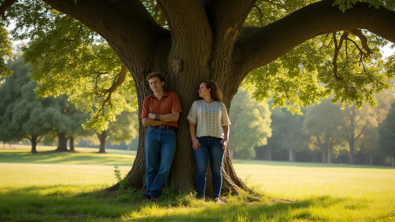 Two individuals leaning against a large oak tree in a sunny clearing.