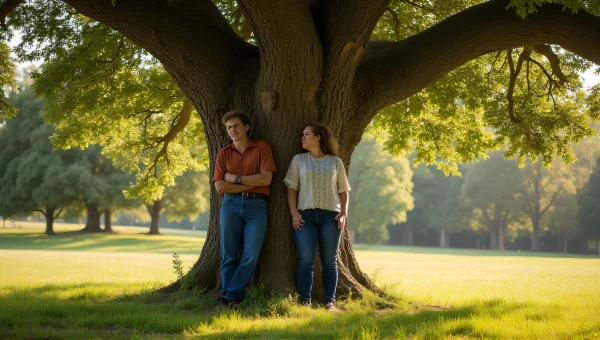 Candid Moment Under Large Oak Tree Midday