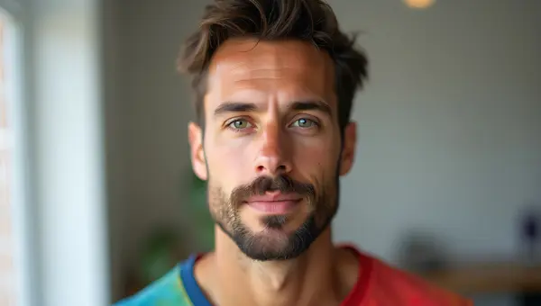 Candid Portrait of Man in Colorful Crew-Neck Shirt