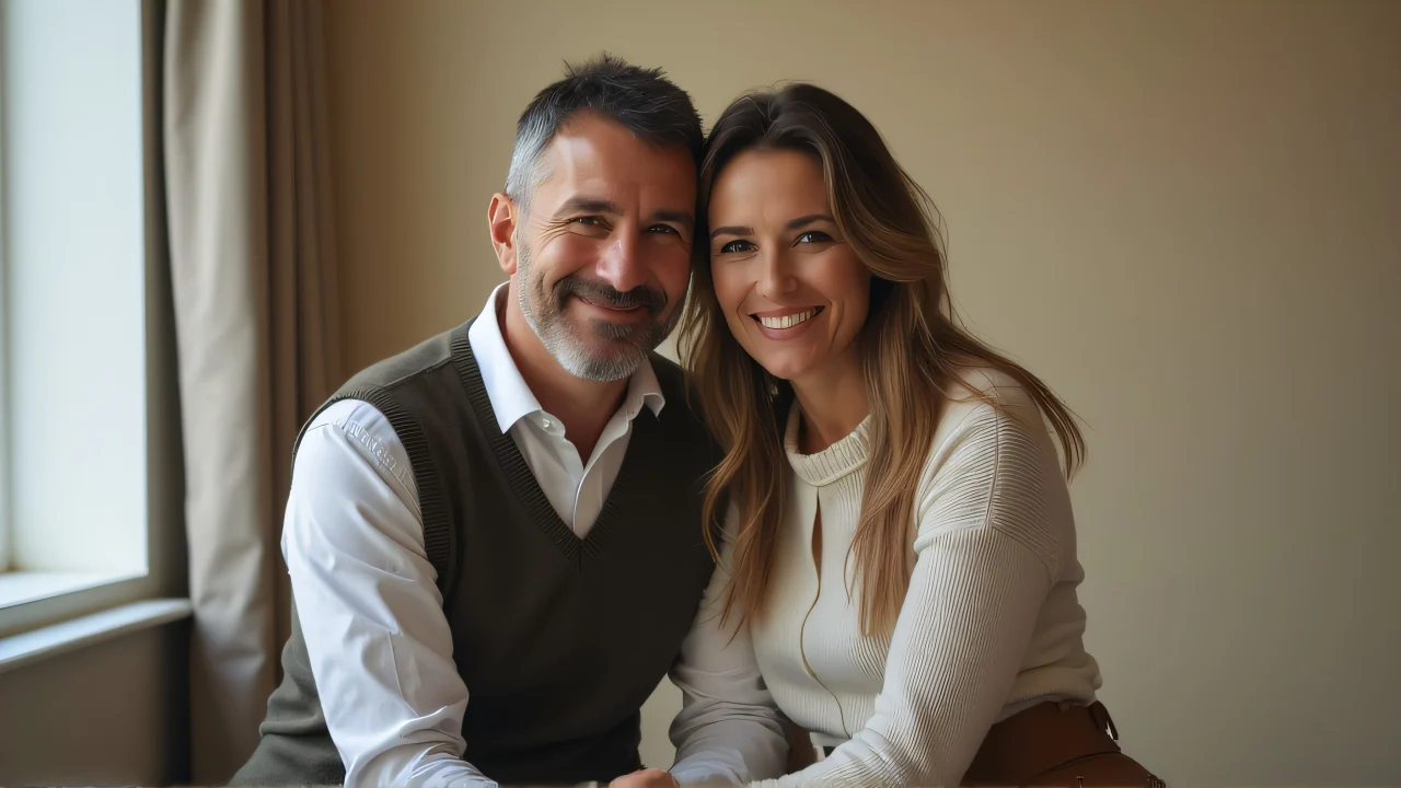 A man and woman seated closely, sharing candid expressions in soft natural light.