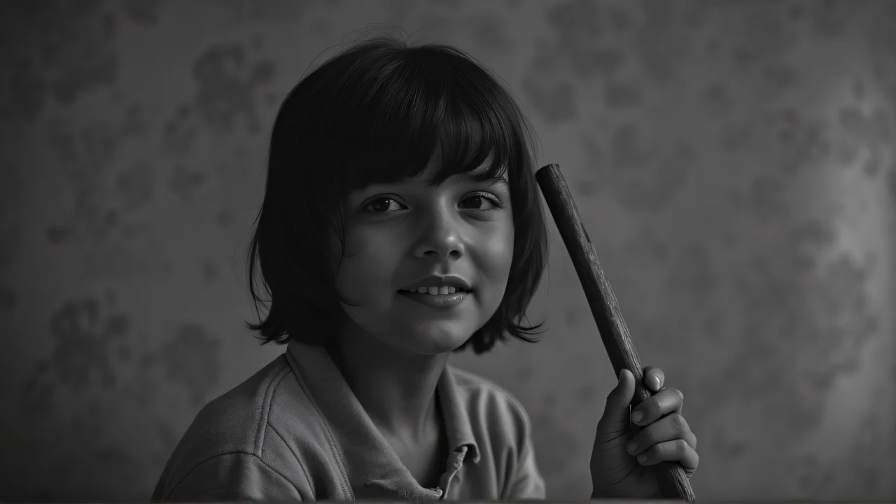 Grayscale portrait of a person candidly holding a wooden stick.