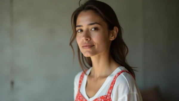 Candid Portrait Woman White Blouse Red Floral Top