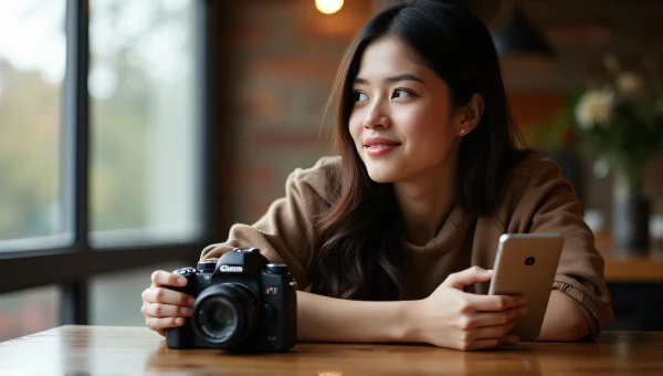 Candid Portrait of Young Woman with Smartphone and Camera