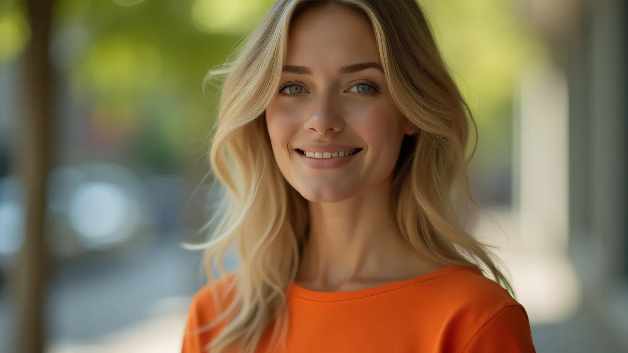 A woman wearing an orange top poses candidly with a soft bokeh background.