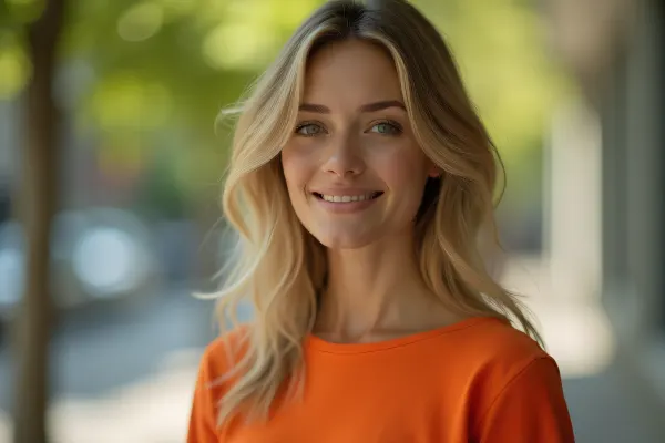 Candid Woman in Orange Top with Soft Background