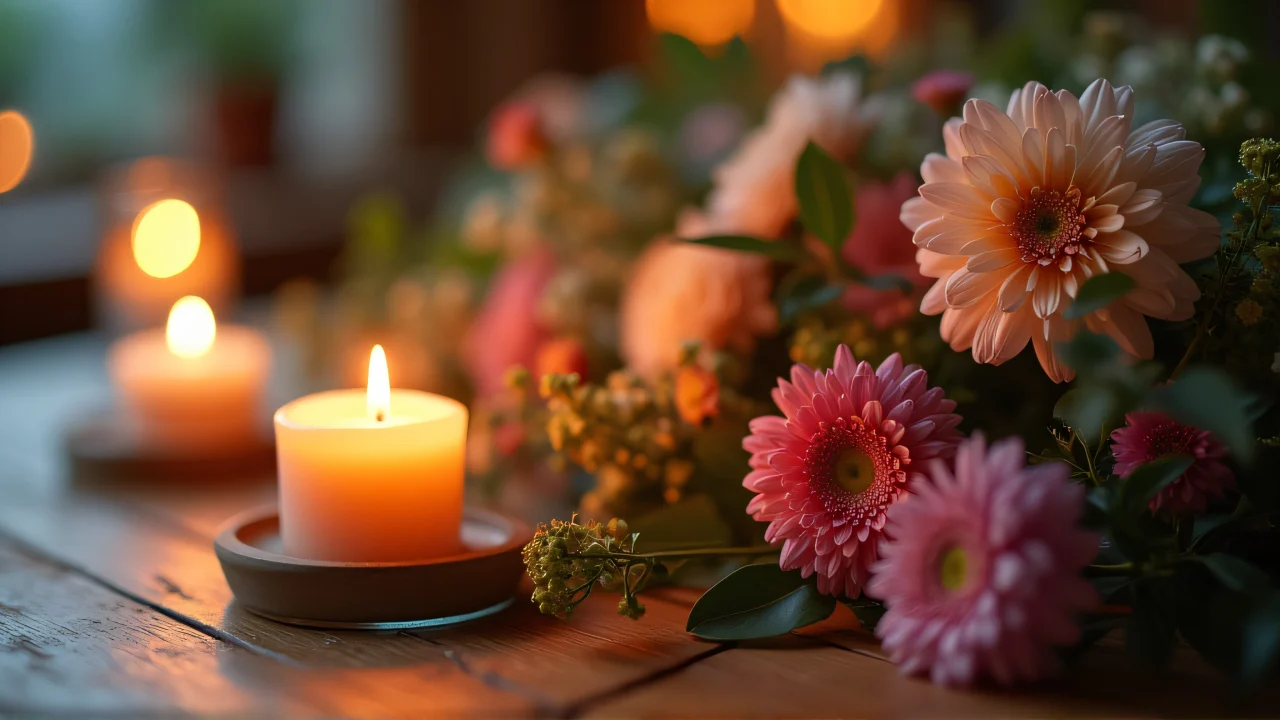 Close-up of a glowing candle next to colorful flowers on a wooden table.