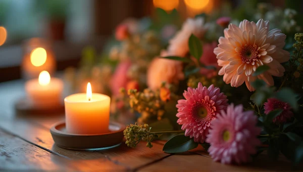 Candle Light and Flower Arrangement on Wood Table