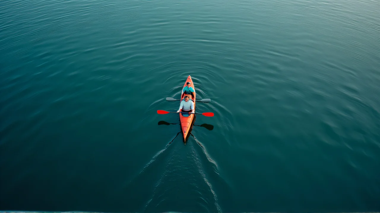 Two people canoeing on tranquil water with ripples.