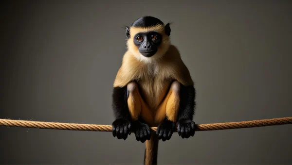 Capuchin Monkey Perched On Rope In Studio Lighting