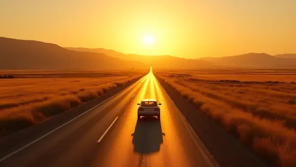 Car Crossing Highway Through Golden Fields
