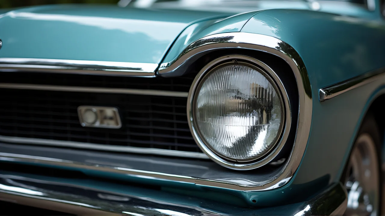 Close-up of a car's front grille and headlight assembly highlighting chrome details.