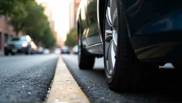 Car Parked on Wet Urban Sidewalk at Dusk