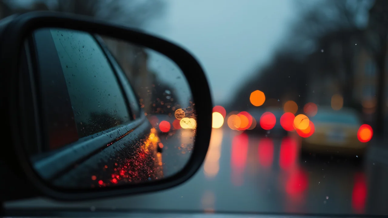 Close-up of a car side mirror showing a rainy urban street at dusk.