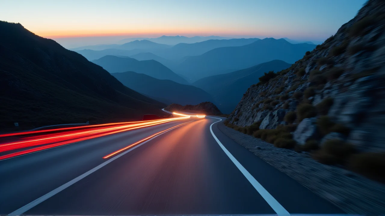 A low-angle view of a car speeding along a winding mountain road at dusk, with light trails and blurred surroundings.
