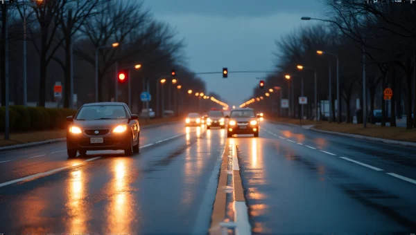 Cars Driving on Wet Road at Dusk