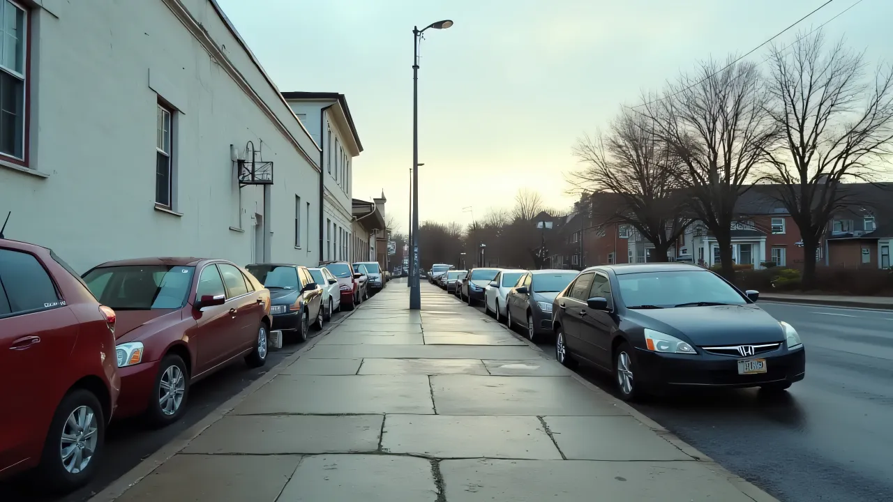 Wide-angle view of cars parked beside a white building with reflections on wet pavement in the evening.