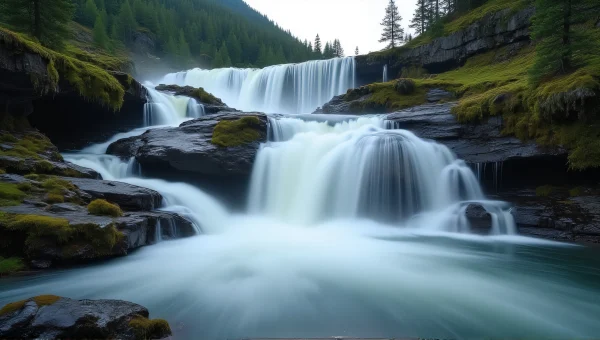Cascading Waterfall Over Mossy Rocks In Forest