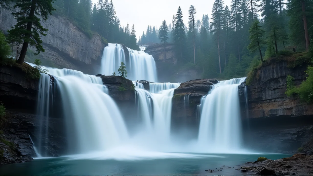 Multiple waterfalls flow over basalt cliffs into a misty pool, surrounded by tall pine trees.