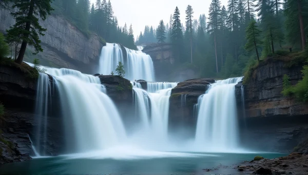 Cascading Waterfalls Over Basalt Cliffs In Mist