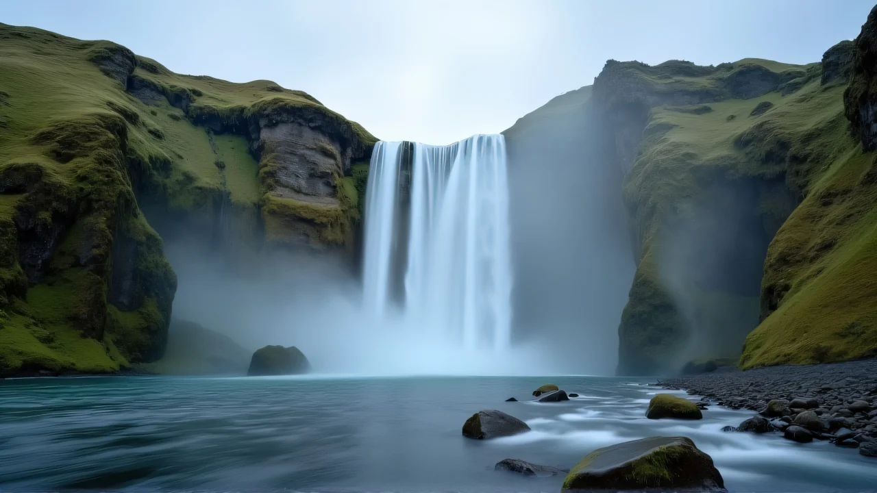 Wide-angle view of waterfalls flowing over moss-covered cliffs into a misty river.