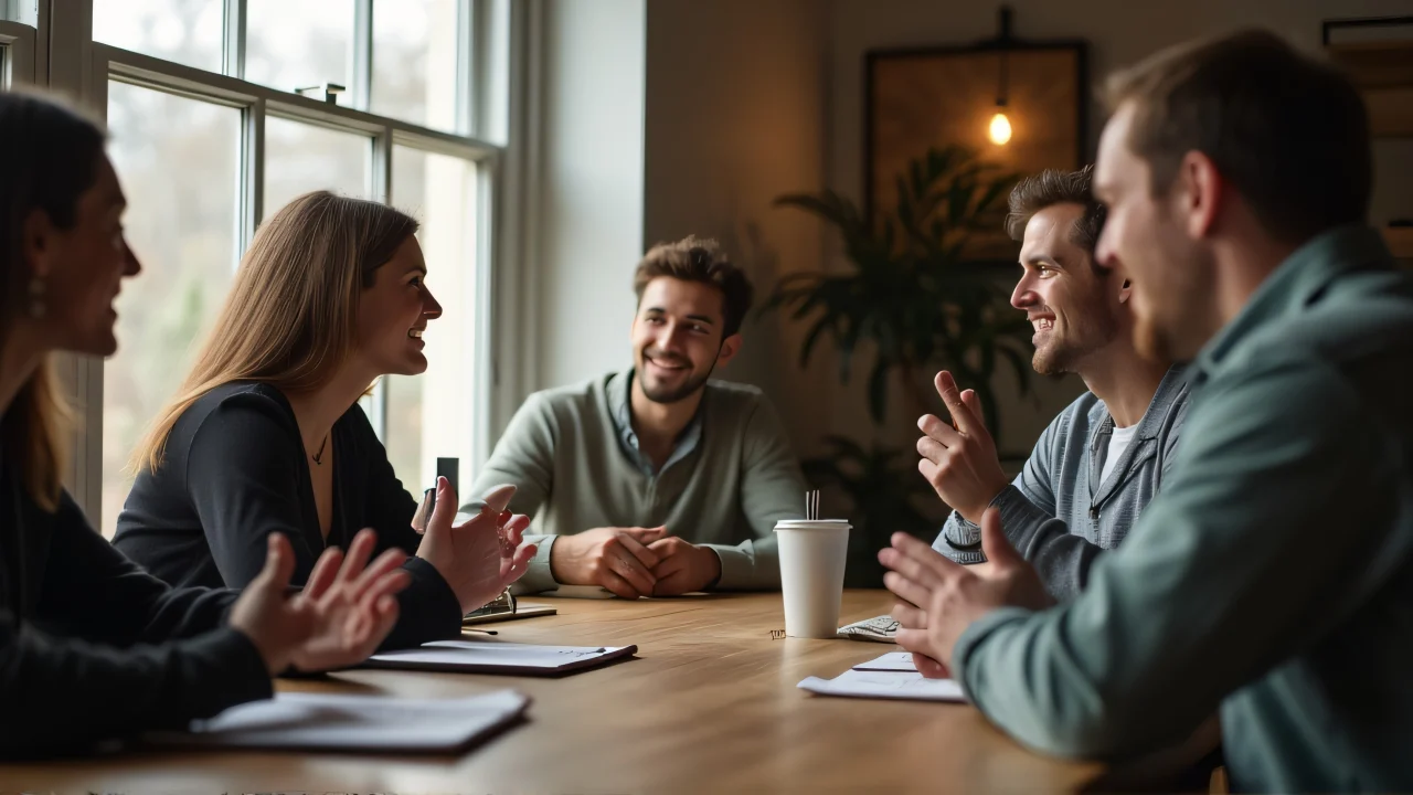 Three friends engaged in a lively conversation at a wooden table in natural light.
