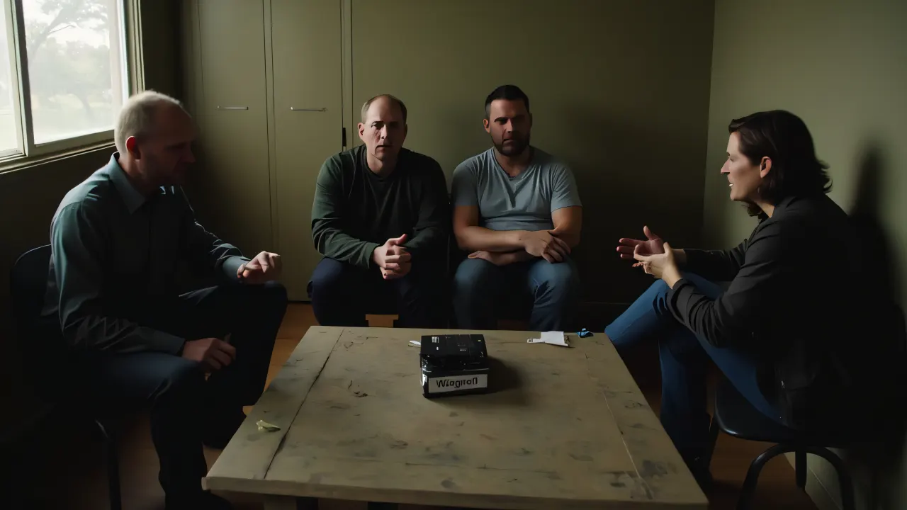 Five people engaged in a lively conversation in a cozy, cluttered room with soft window light.