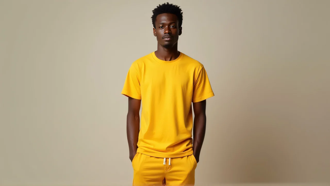 Full-length portrait of a man in a yellow outfit, styled in a studio setting.