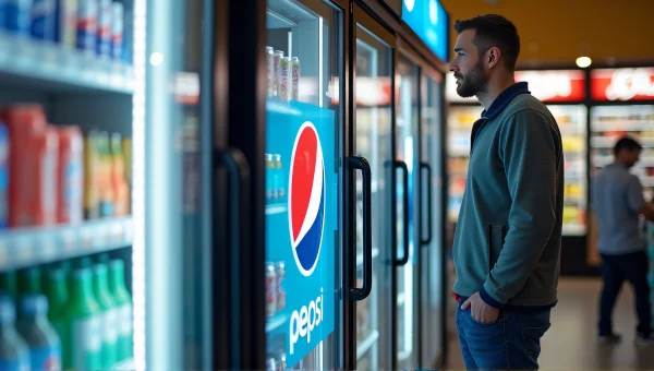 Casual Man by Glass Pepsi Fridge in Store