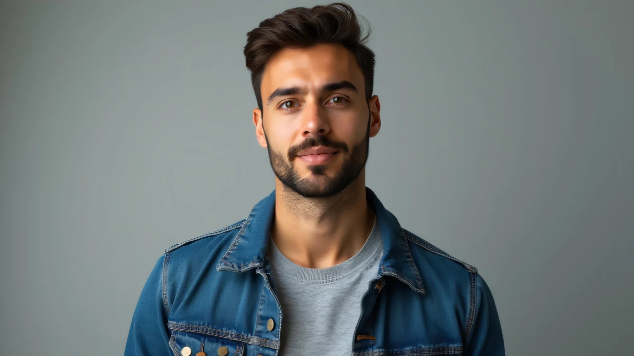 A man poses naturally in a denim jacket against a neutral backdrop.