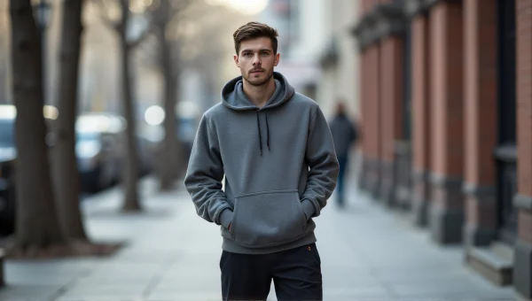 Casual Man in Gray Jacket on Urban Sidewalk