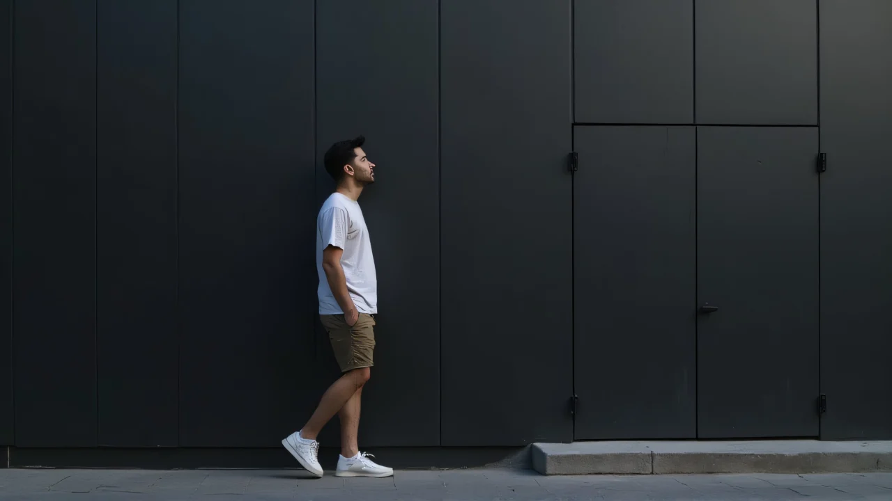 A lone man stands in casual clothing near a matte black wall.