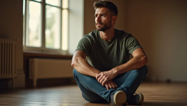 Casual Man Reflecting on Wooden Floor Light
