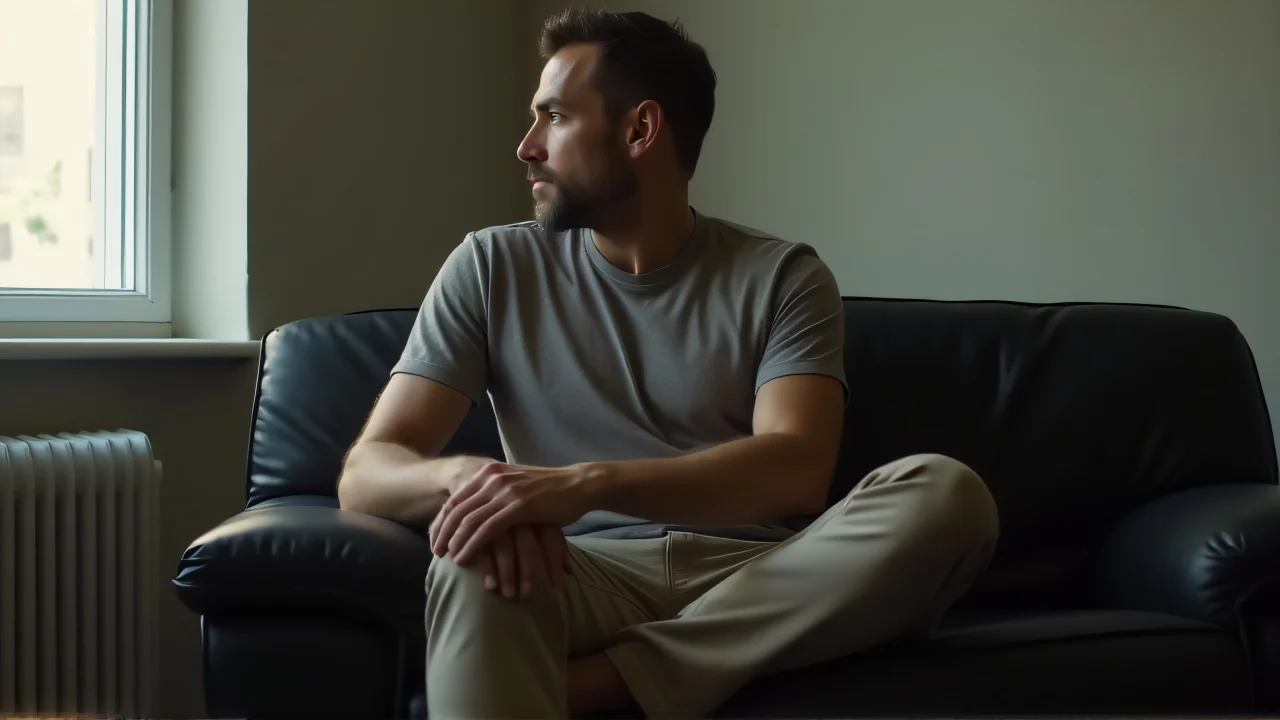 A man sits casually on a black sofa chair in a mid-century living room with soft window light.