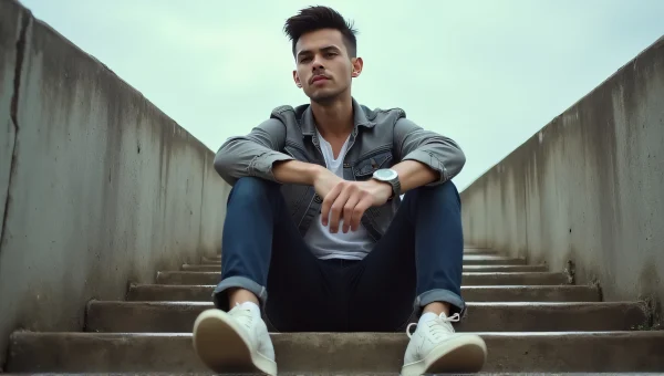 Casual Man Sitting On Concrete Stairs Outdoors