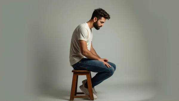 Casual Man Sitting on Wooden Stool in Studio