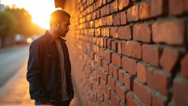 Casual Man Standing By Cracked Brick Wall