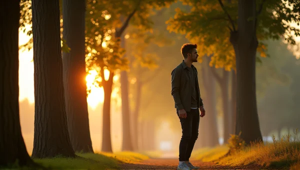 Casual Man Standing By Deciduous Trees At Sunset