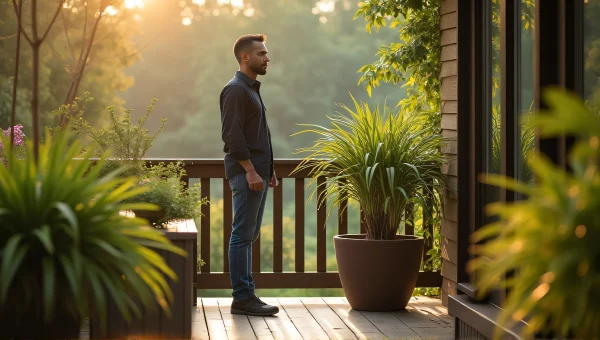 Casual Man Standing By Potted Plants On Deck