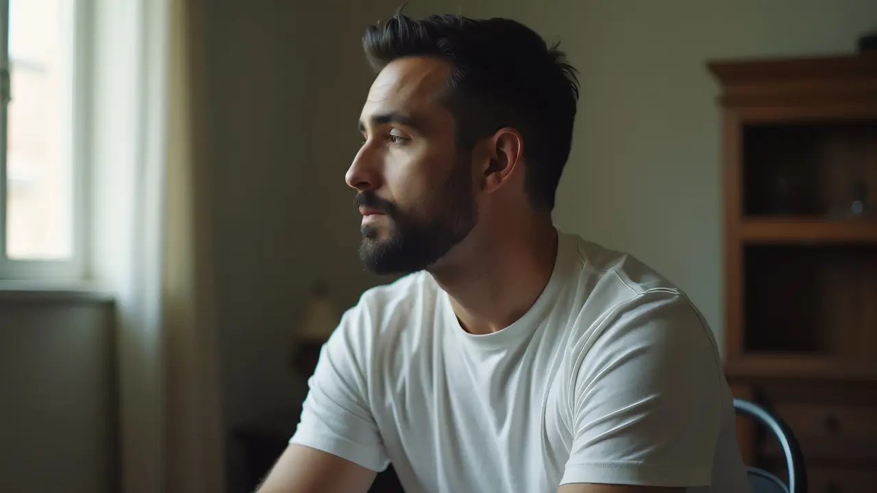 A man in a white t-shirt sits relaxed in a simple room with soft lighting.